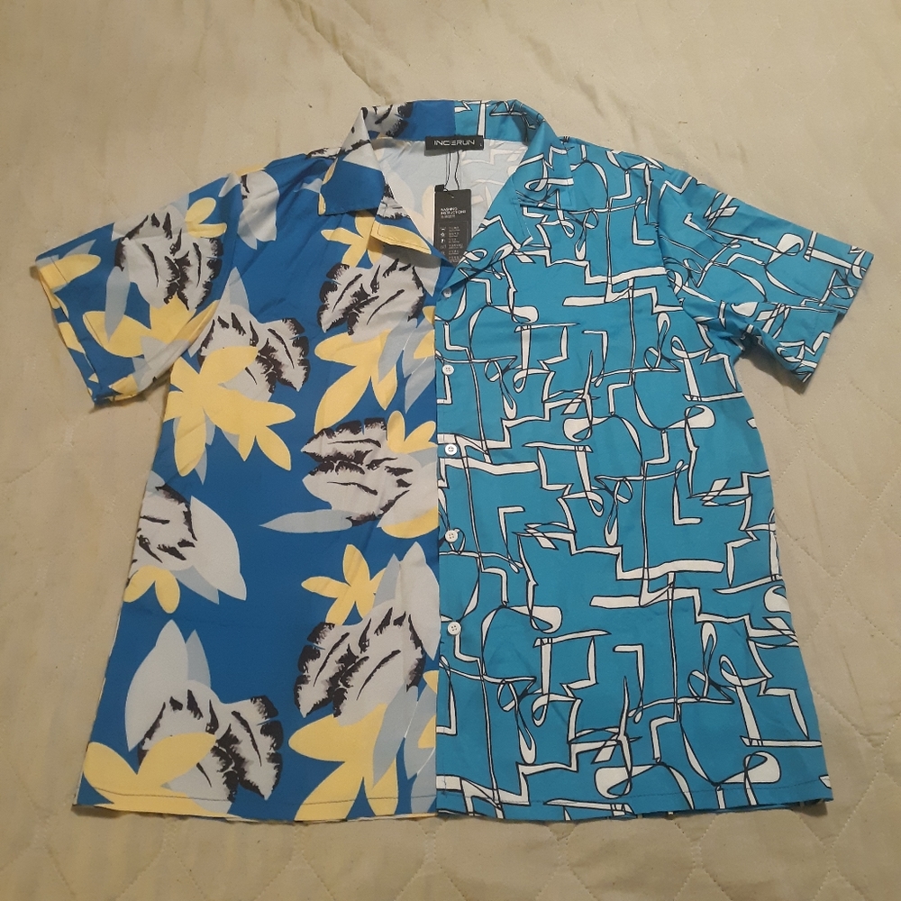 Incerun Blue Floral Abstract Printed Button Up Shirt Size L NWT